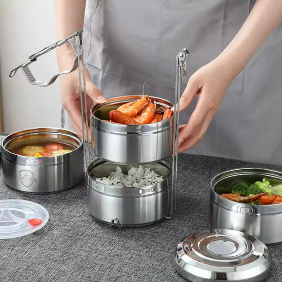 Food Grade Insulated Stainless Steel 304 Multi-layer Round Tiffin Lunch Box Portable With Lid For Student Kids Food Grade Insulated Stainless Steel 304 Multi-layer Round Tiffin Lunch Box Portable With Lid For Student Kids